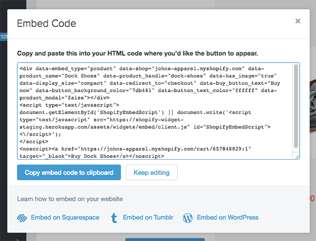 Squarespace shopify buy button - embed code