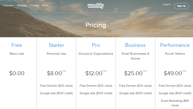 Web design software - weebly pricing