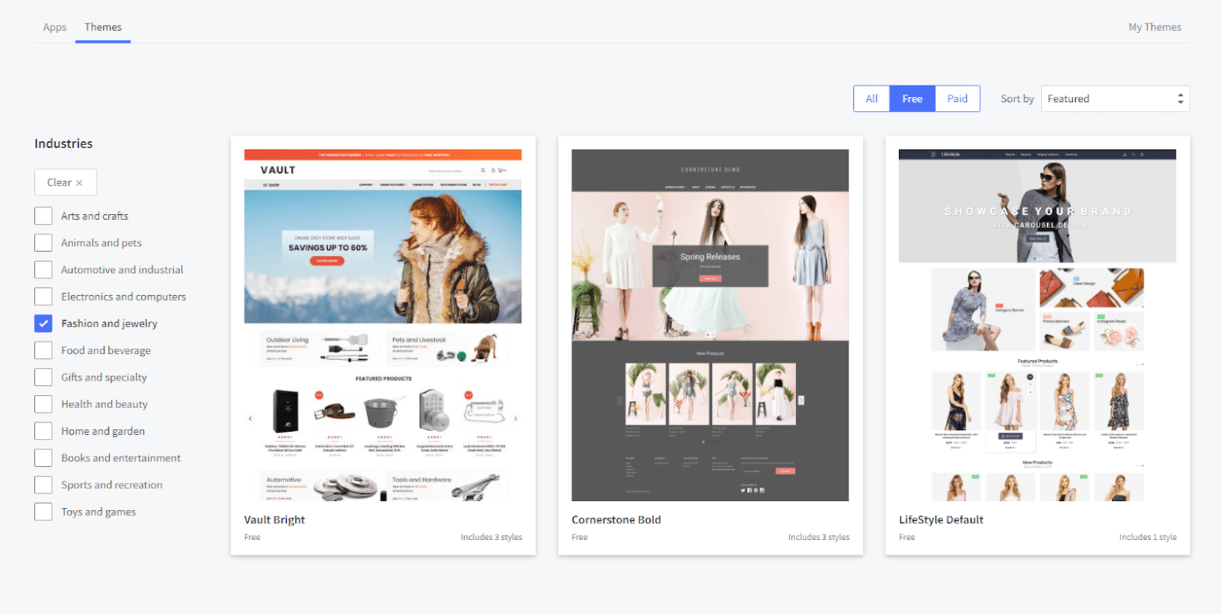 three template previews on BigCommerce's theme marketplace