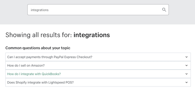 Shopify Help Center collapsible FAQs