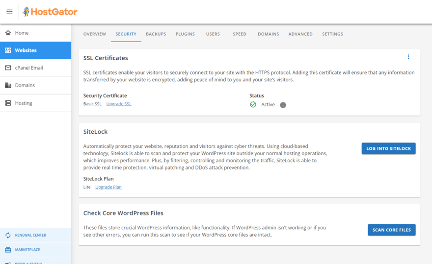 Security settings for HostGator website