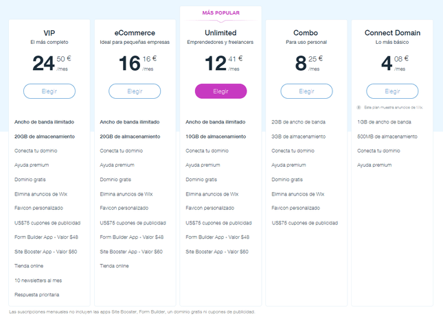 precios de wix