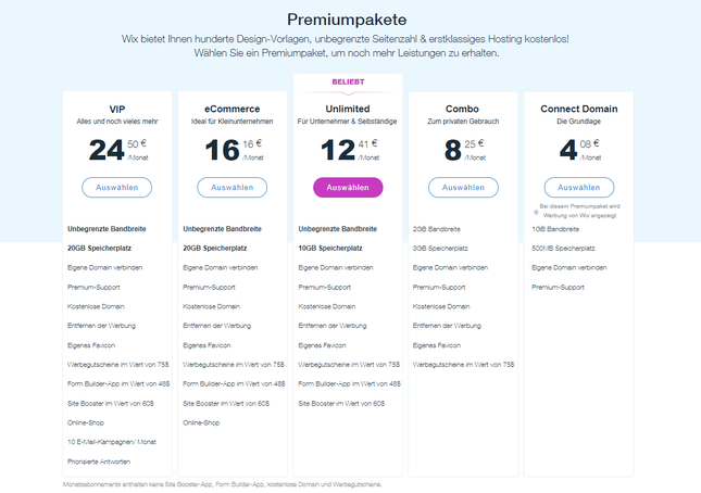 wix bewertung premiumpakete