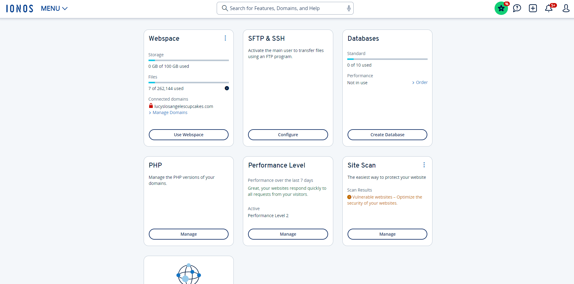 IONOS overview in the dashboard