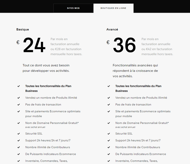 squarespace avis sur tarifs boutiques en ligne