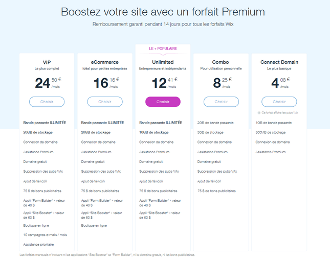 wix avis sur forfaits