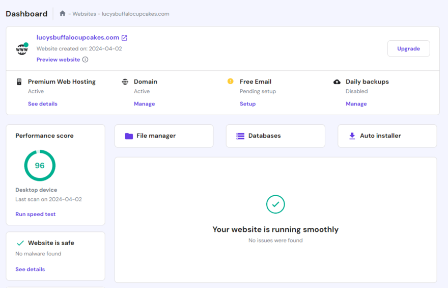 Hostinger dashboard on the Premium Web Hosting plan