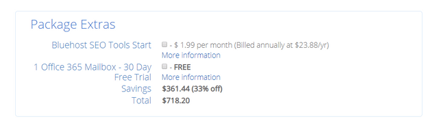 bluehost package signup extras
