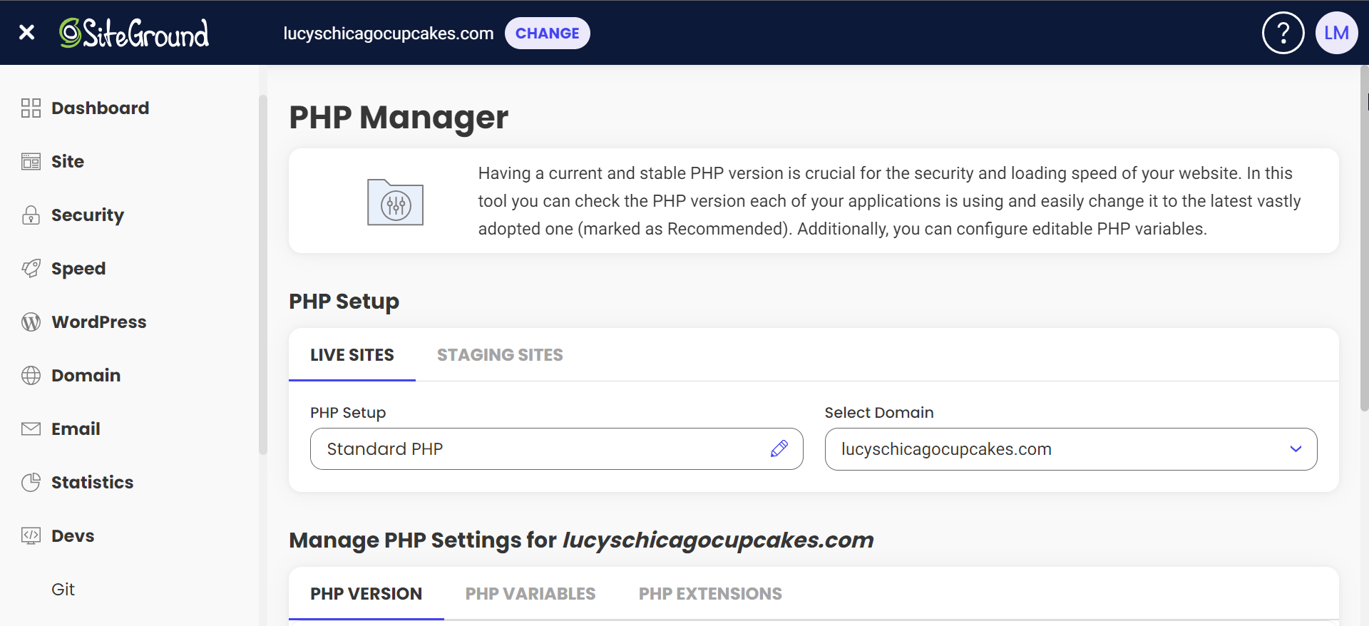 sitegrounds php manager in the cPanel