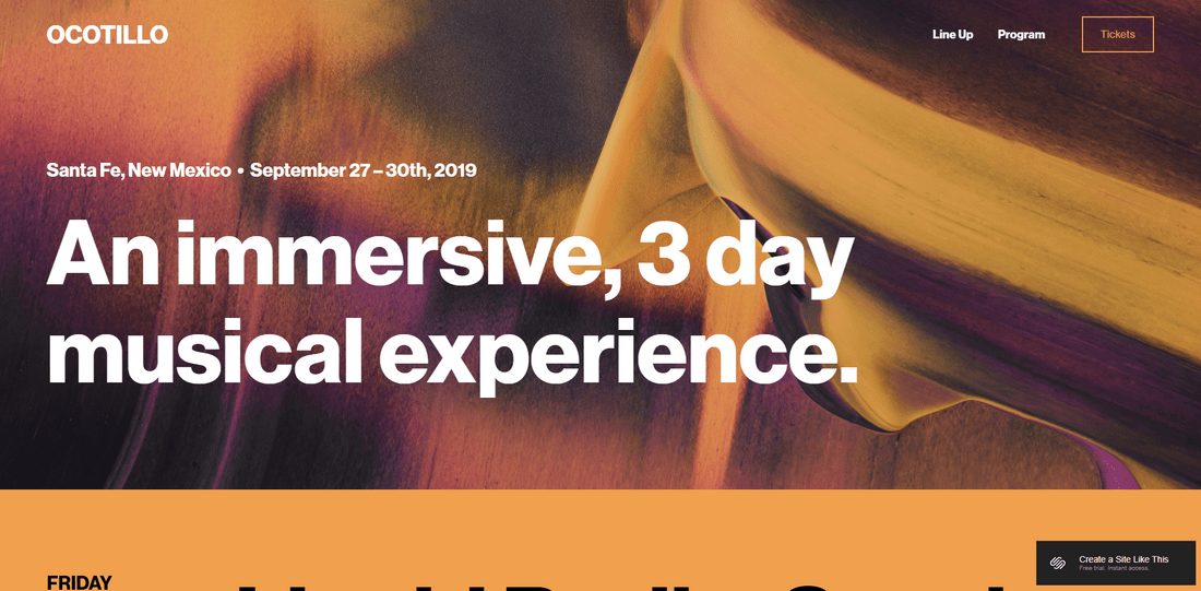 Screenshot of a Squarespace homepage for a music festival website with a header reading "an immersive, 3 day musical experience."