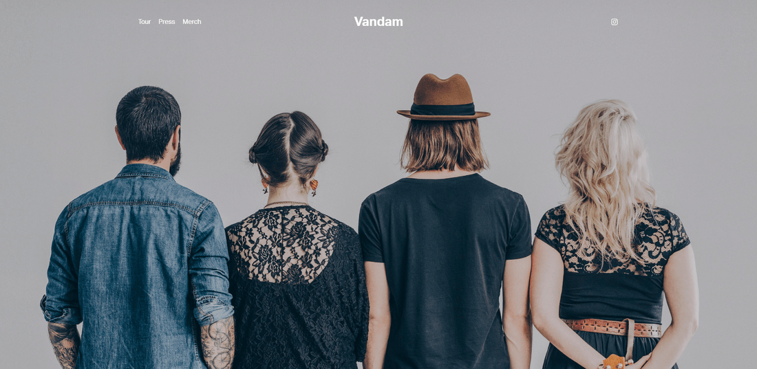 Screenshot of a Squarespace band page featuring a hero image of four band members with their backs turned