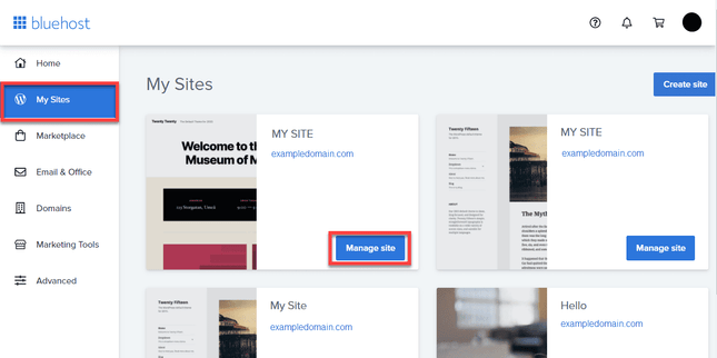 Site option in Bluehost Control Panel