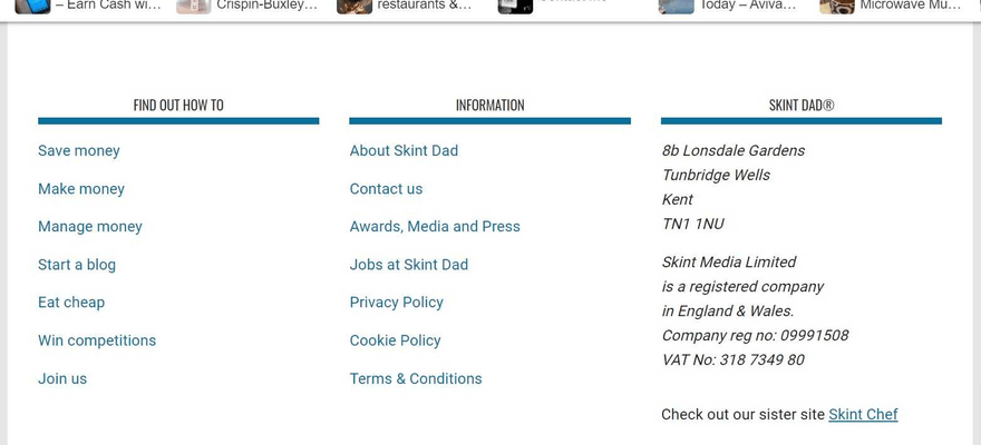 Skint Dad’s footer area helps explore categories and builds trust with contact information.