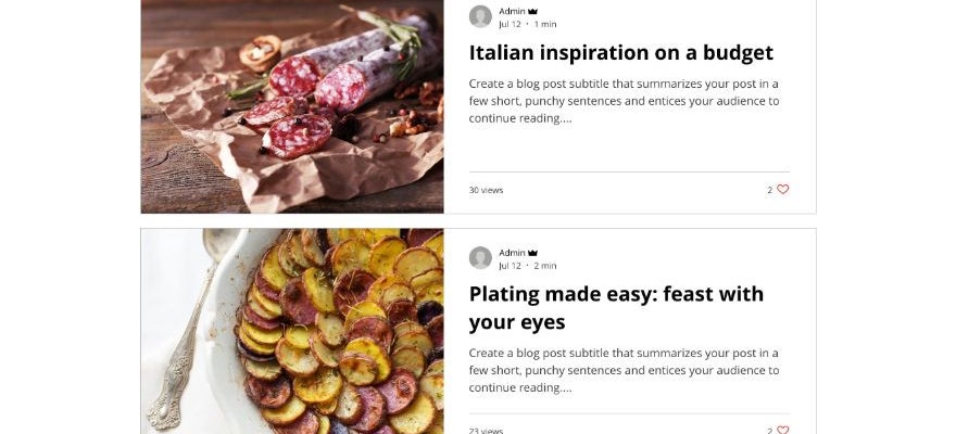 Example of Wix food blog template