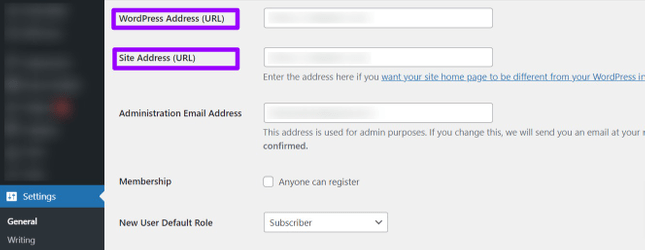 Change website URL in WordPress general settings