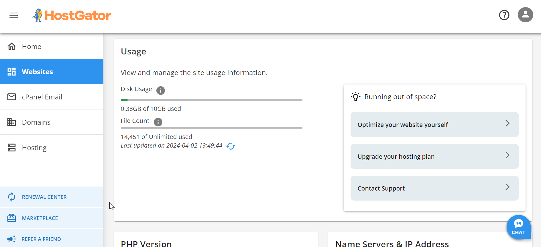 a screenshot of disk usage in cPanel on HostGator