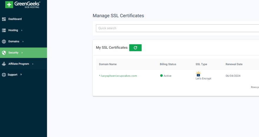 GreenGeeks hosting dashboard showing security settings to manage SSL certificates