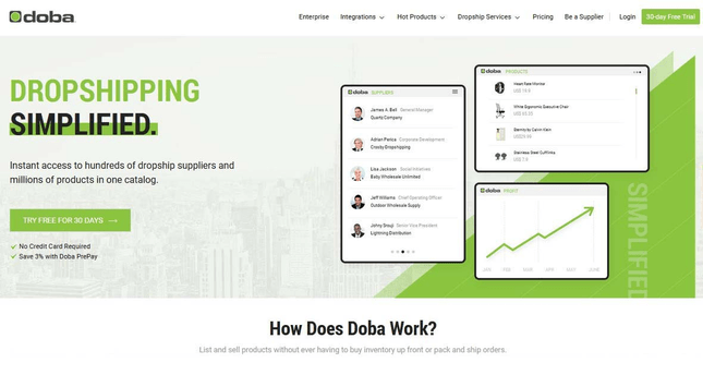 Doba homepage - a dropshipping supplier.