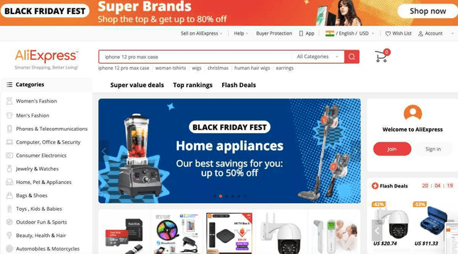 Homepage of AliExpress website.