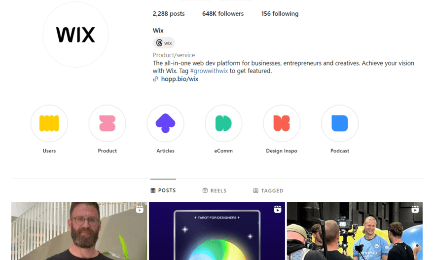 Wix's Instagram page