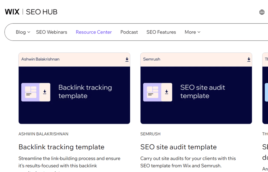 Wix's SEO learning hub resource center page showing downloadable resources