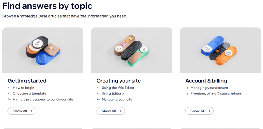 Wix help center showing a selection of topics