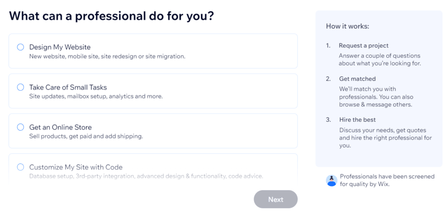 Wix marketplace form for hiring a professional, asking the question "what can a professional do for you?"