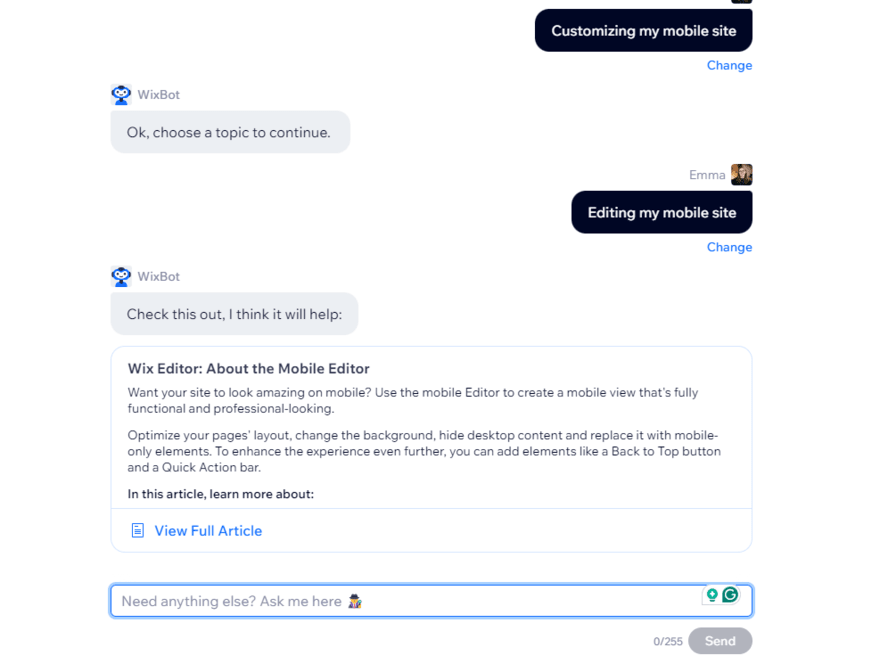 WixBot contact form conversation about editing a mobile site