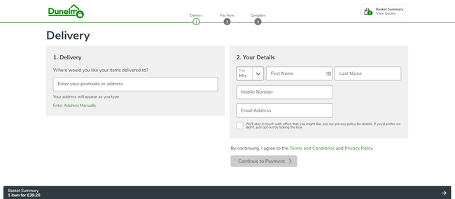 dunelm checkout form