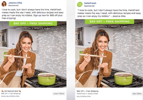 Jessica Alba HelloFresh influencer whitelisting ad screenshot