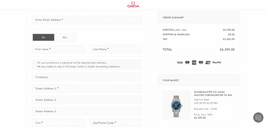 Omega checkout page