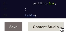 A box featuring HTML code with two buttons below that say "Save" and "Content Studio"