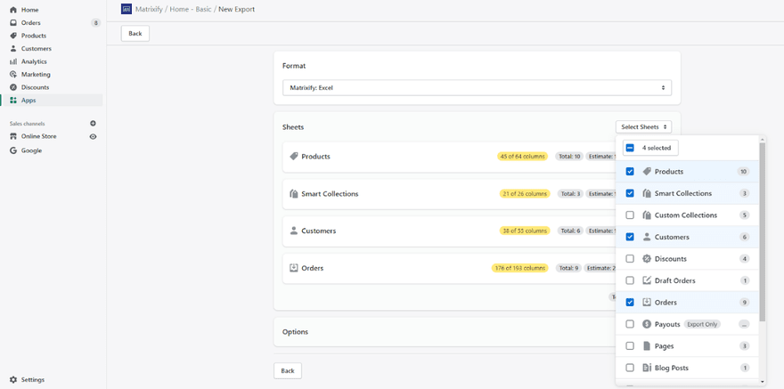 Backend view of exported store data using Matrixify