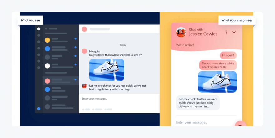 What the business sees vs what the visitor sees when using chatbot and messaging app Tidio