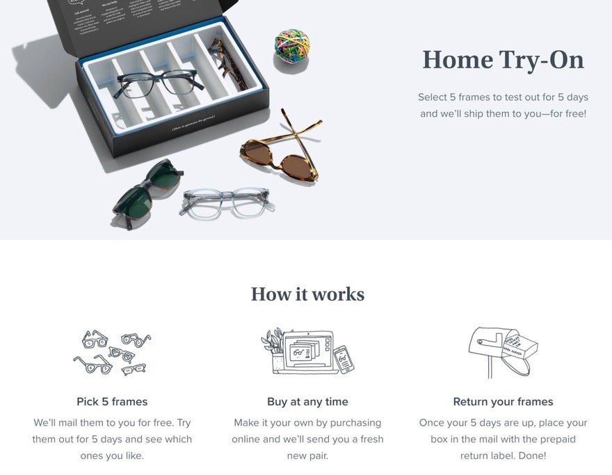 Three steps of how eyewear company Warby Parker's home try-on works