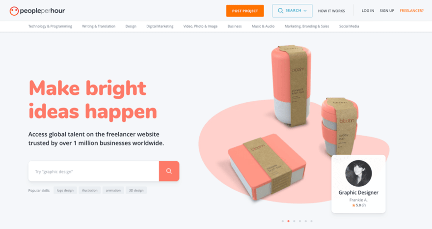 People Per Hour homepage featuring a search bar to find the right freelancer