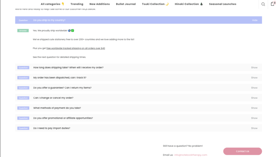 List of FAQs on Notebook Therapy, including a button to contact them for additional questions