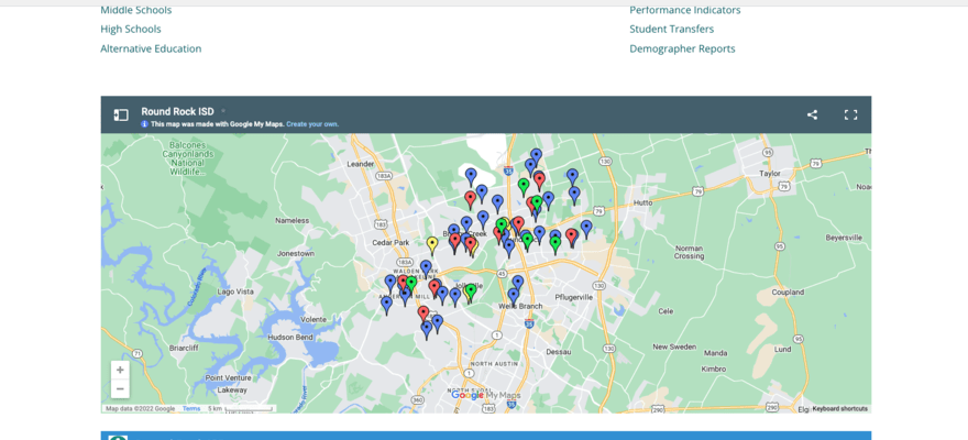 Map detailing locations of Round Rock schools