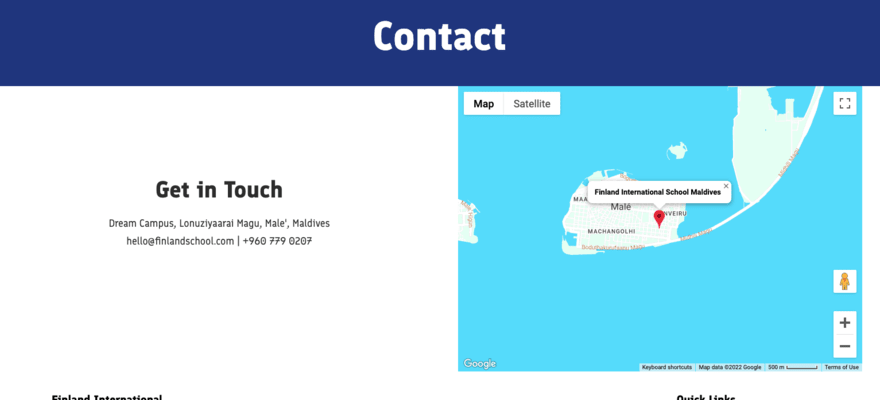 Finland International School contact page, featuring a map of its location