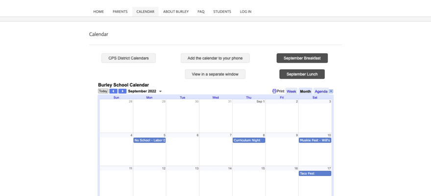 Calendar featuring school events and activities on Burley School's website
