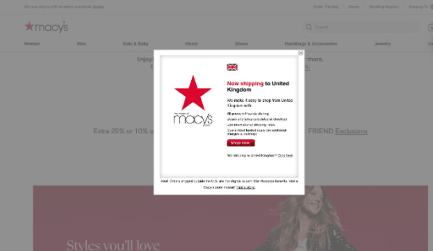 Macys shipping pop up