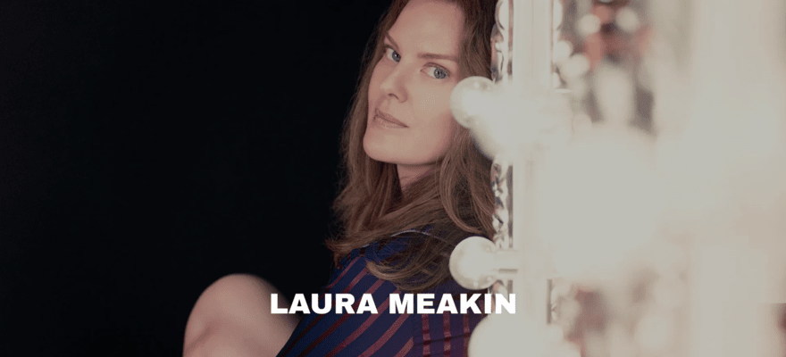 Laura Meakin image of her next to a backstage mirror and her name in bold font