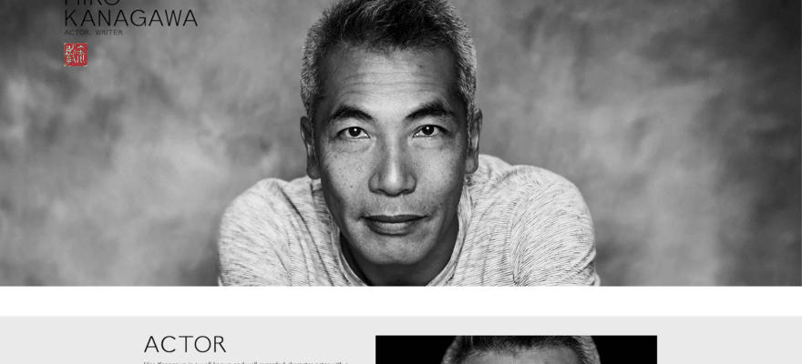 Hiro Kanagawa home page with black and white headshot