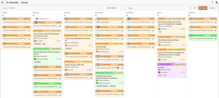 CoSchedule content calendar example with content assigned to different days