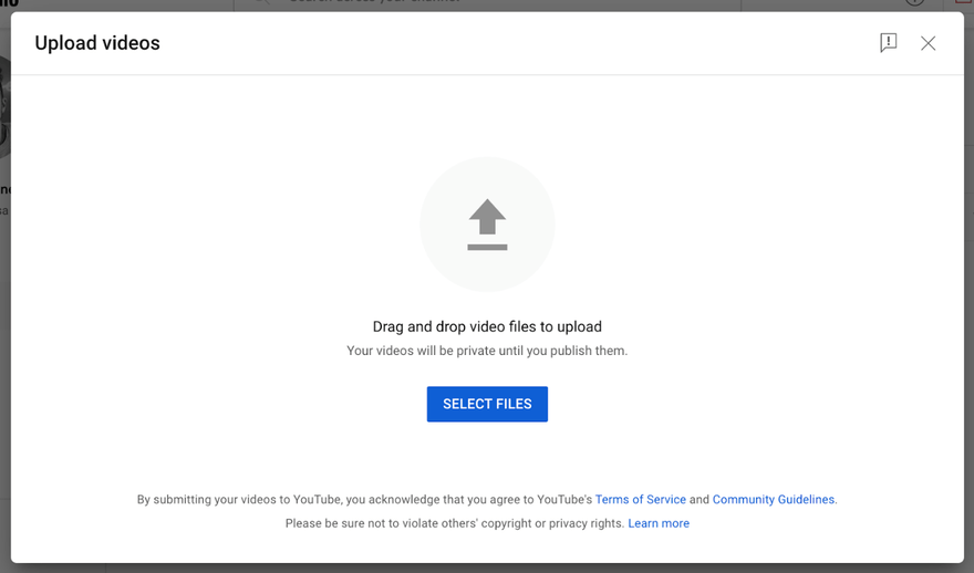 YouTube's upload videos page where you can drag and drop video files