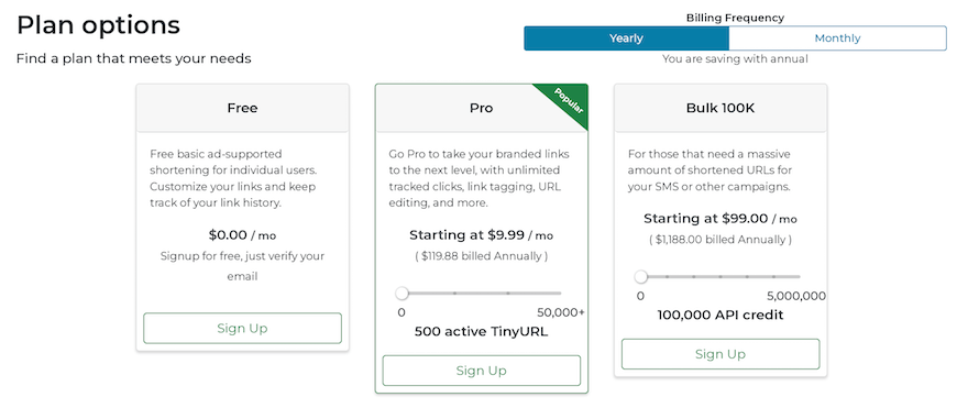 TinyURL three pricing plans billed annually