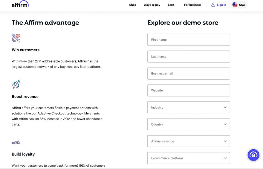 Affirm demo signup with a form and information