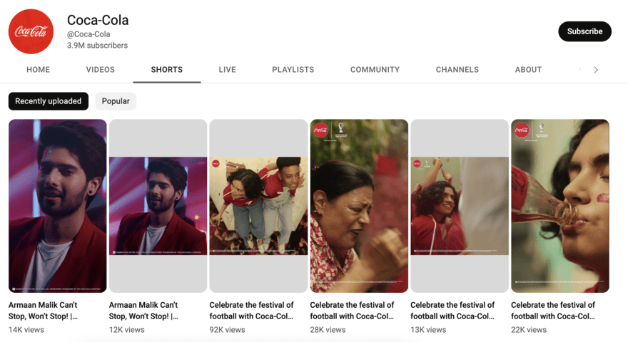 Coca-Cola's YouTube Shorts library showing six video previews