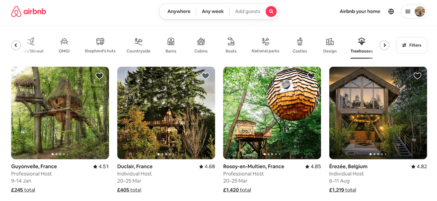 Airbnb result page showing treehouse locations with photos, dates and prices