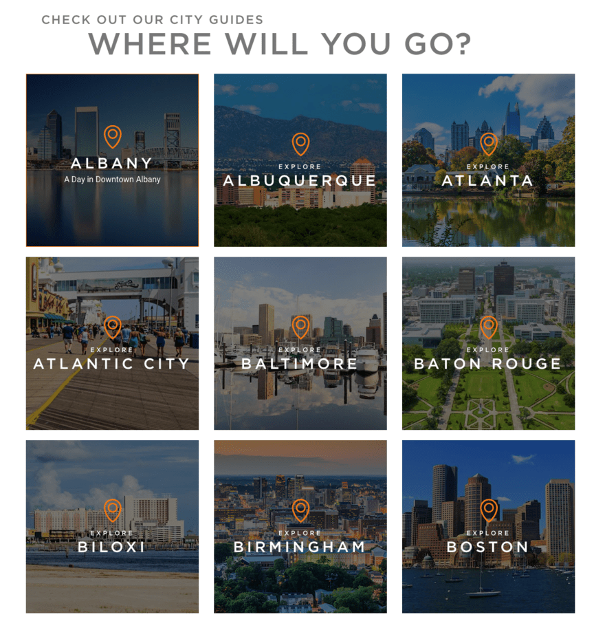 Greyhound Bus city guide showing nine images of different cities